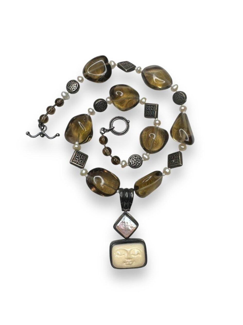 Balinese Sterling Silver Goddess Face Vintage 90s Whimsigoth Pearl Smoky Quartz